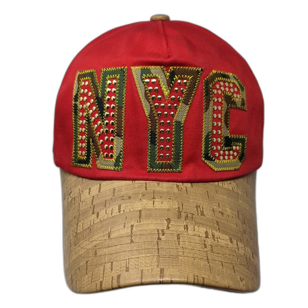 TNC 5 Panel Red Beige One Size NYC Camo Studded Cork Brim Slideback Cotton Hat